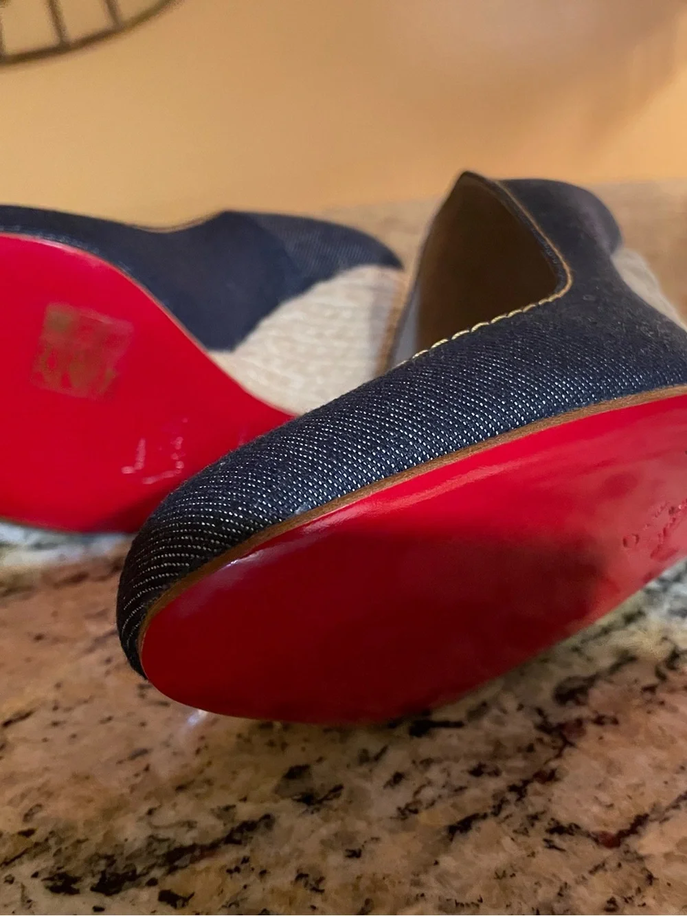 Christian Louboutin Navy Denim Pointed-Toe Pumps with Red Sole